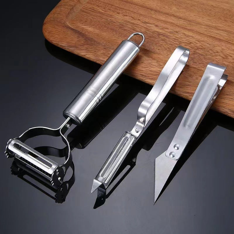 Kitchen peeler set - 3 piece multi-functional stainless steel peeler, fruit and vegetable peeler, potato peeler, and paring knife with poultry plucker and pig hair removal tool