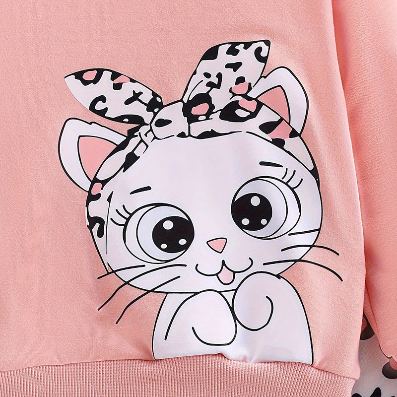 girls' hooded sweatshirt set - pink korean style cat print patterned pants long sleeve kids two-piece outfit