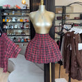 European and american cross-border women's fashion:  summer new collection - stylish and unique plaid short-sleeve top and pleated midi skirt set