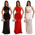 C7515 cross-border   fashion women's sexy one-shoulder see-through mesh backless dress