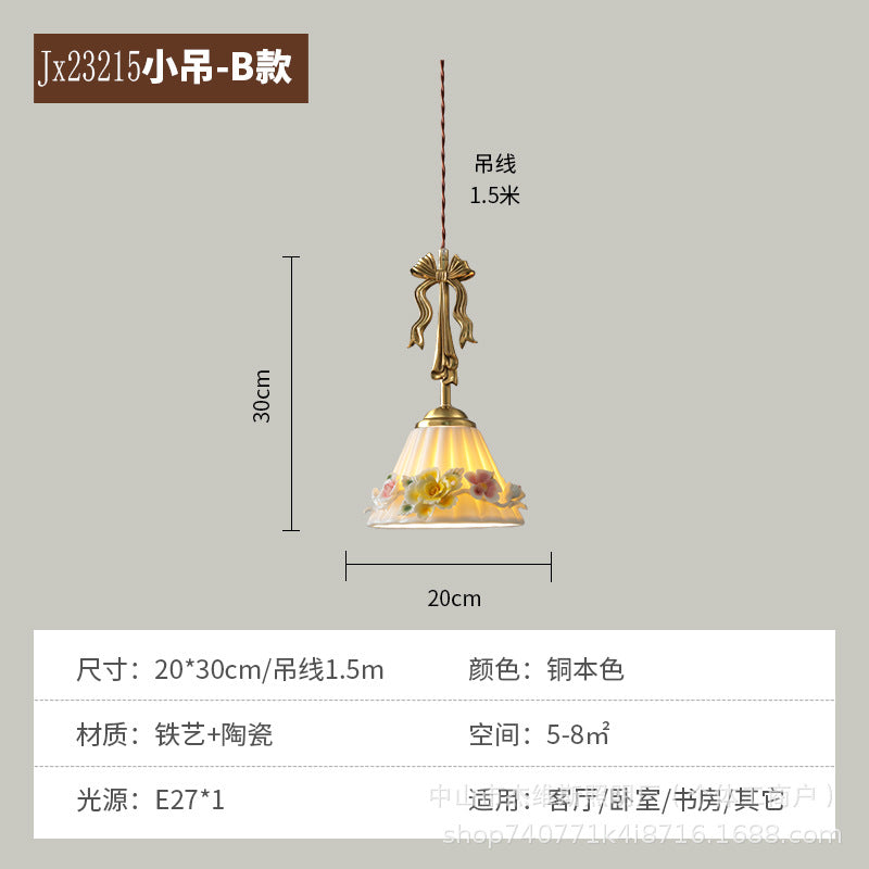 French retro bow brass small pendant wall lamp 3d ceramic flower pleated fabric bedroom bedside light