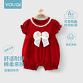 Youqi baby girl red jumpsuit summer full moon 100 days old princess khaki short-sleeved romper cute cute