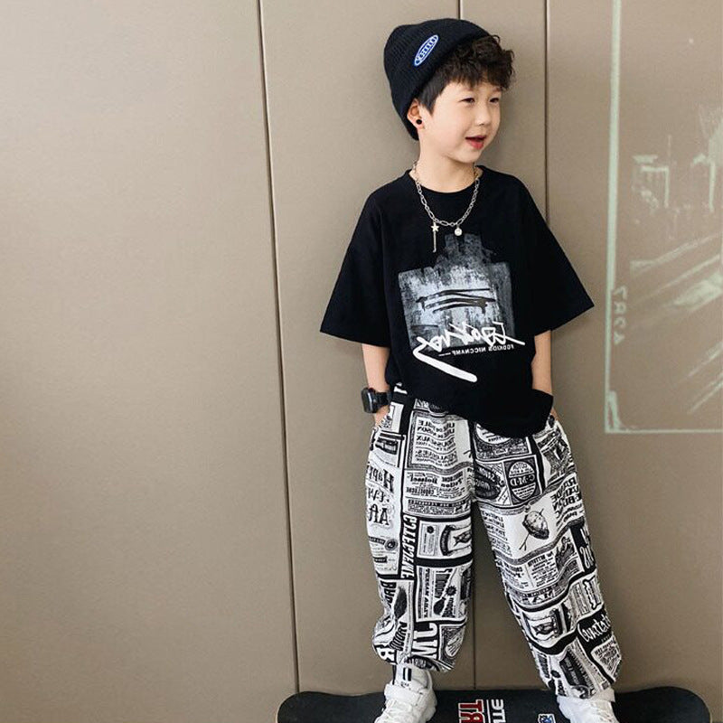summer short-sleeve t-shirt for boys, ages 12-15, middle school students, trendy and stylish, ages 13-14, big kids' boys' outfit set