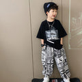 summer short-sleeve t-shirt for boys, ages 12-15, middle school students, trendy and stylish, ages 13-14, big kids' boys' outfit set