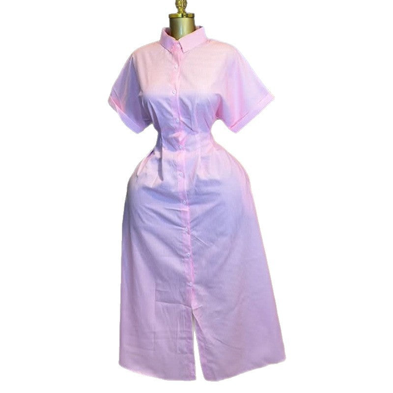 European and american cross-border women's fashion:  autumn new arrival - elegant striped, waist-defining, slim-fit, button-down short-sleeve shirt dress