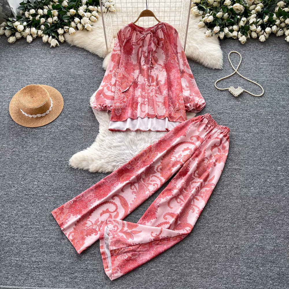 Light mature style printingtwo-piece set women's autumlong sleevestopswide leg pantswork clothingeasiest for matchsuitautumnew arrival