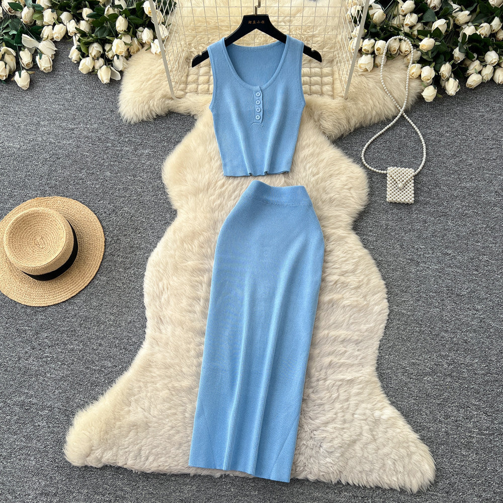 Luxury minimalist sleeveless knit two-piece set for women - summer casual commute high-waisted slimming fit