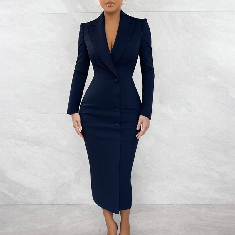 european and american export women's clothing: new women's fashion commuter v-neck single-breasted slim-fit long-sleeve blazer dress
