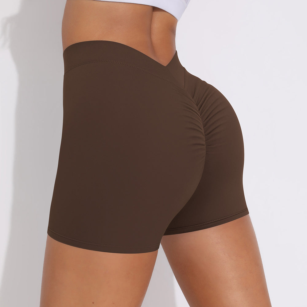 Fashion nude stretch brushed yoga pants back v waist hip lifting belly tight shorts running sports fitness shorts