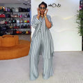 European and american cross-border women's fashion:  summer new arrival - stylish and elegant long striped shirt top and wide-leg pants set