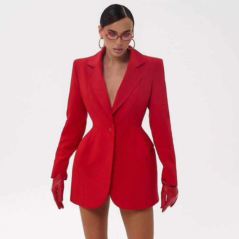European and american women's clothing  autumn new sweet and fresh blazer with notched lapel, cinched waist, and detachable pockets