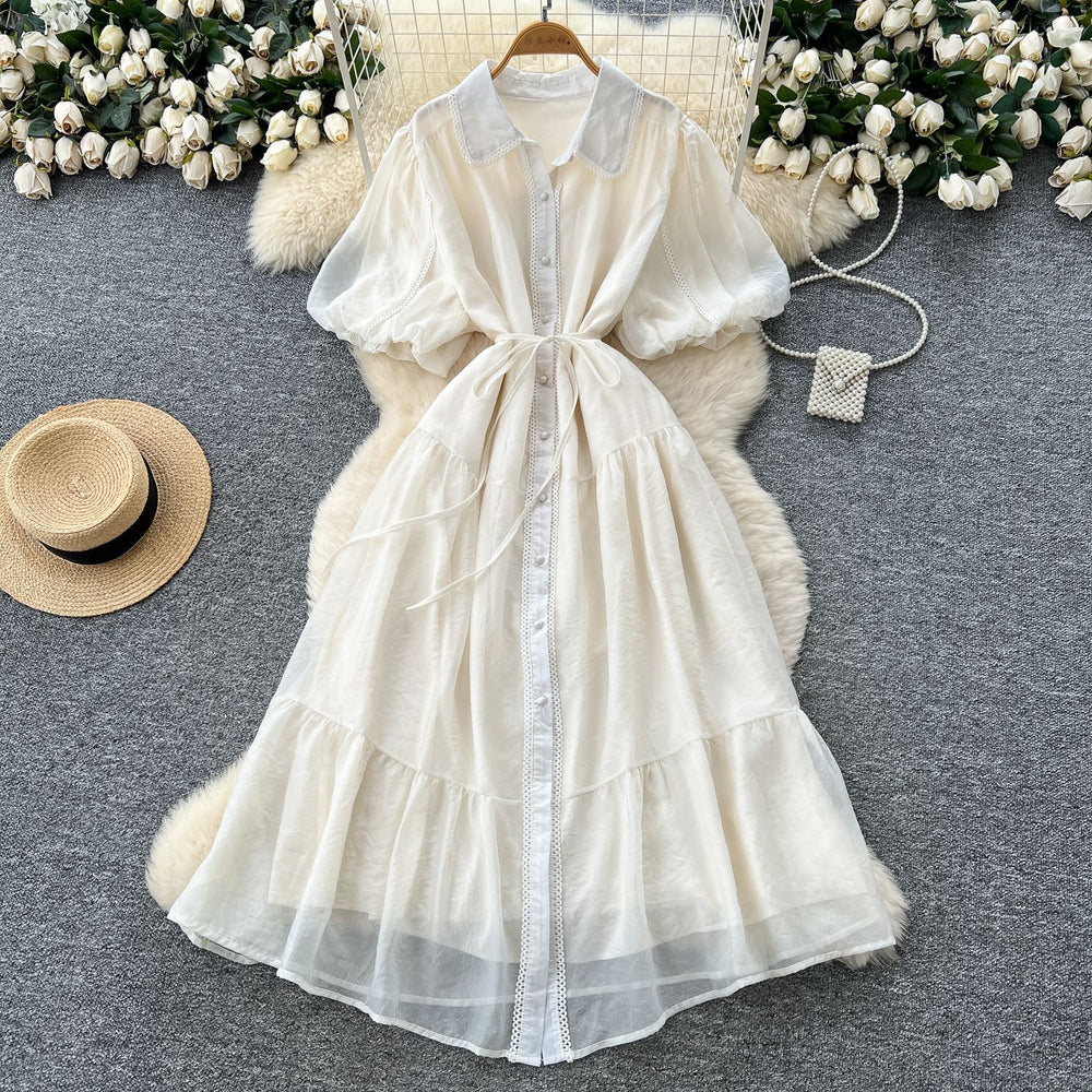 French gentle style elegant lapel lantern sleeves tie back waist single-breasted dress female super fairy slimming look long skirt