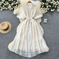 French gentle style elegant lapel lantern sleeves tie back waist single-breasted dress female super fairy slimming look long skirt