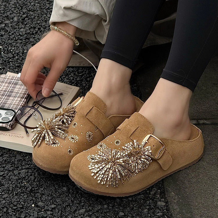 Beautiful rhinestone fireworks bokenflats women's outwear2026new arrival thick sole toe-cap half-toe mules shoes