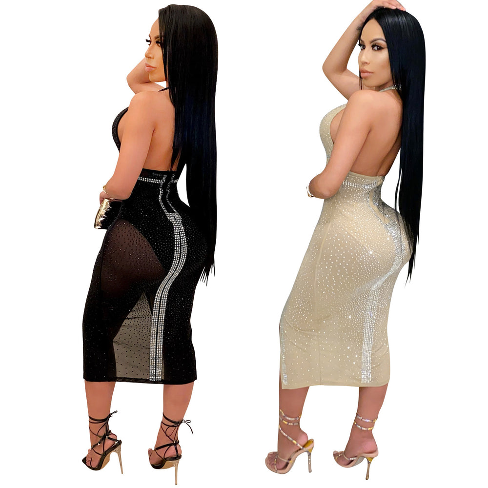 X3732 european and american fashion new arrivals   sexy nightclub mesh see-through women's dress rhinestone embellished
