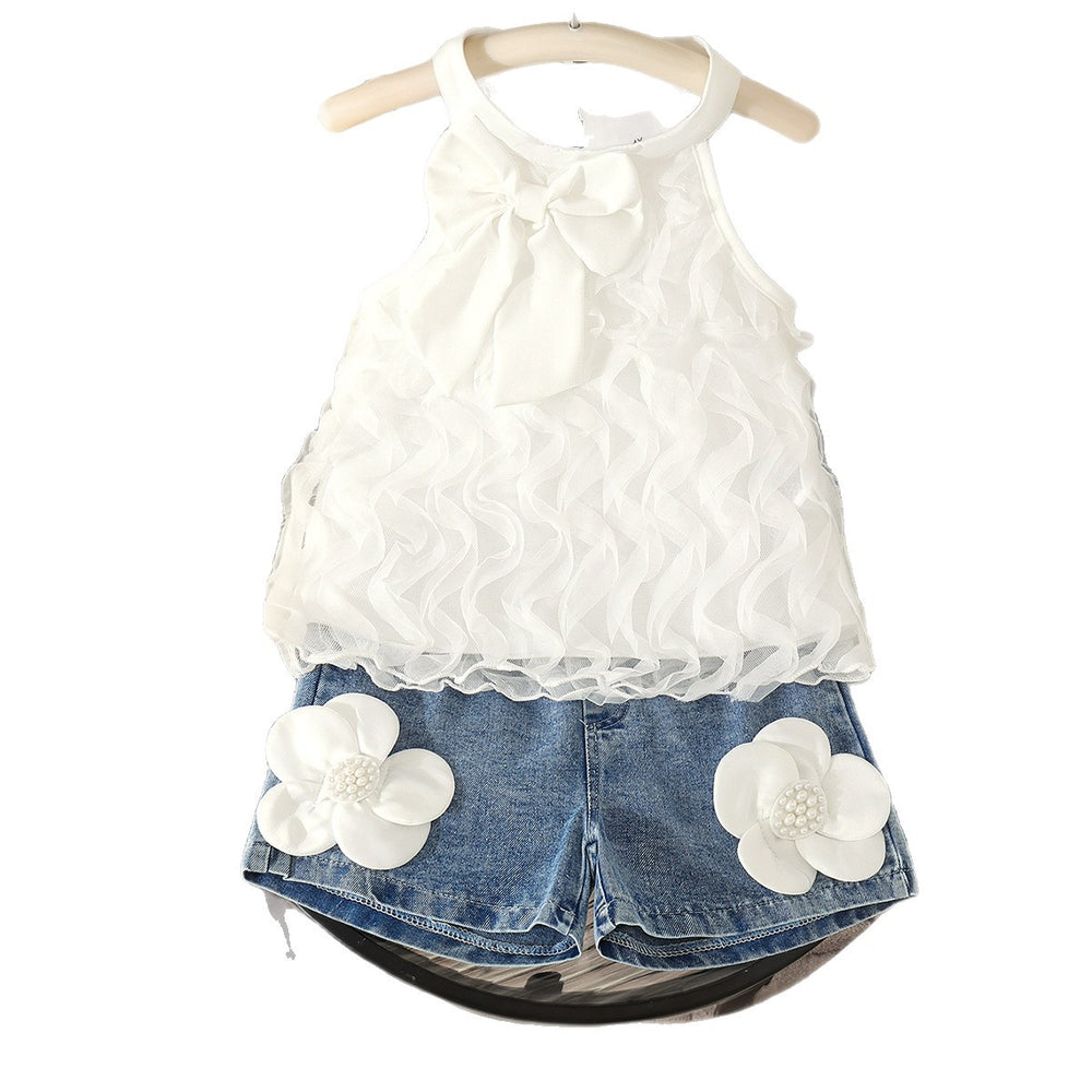 Children's clothing cross-border european and american girls white sleeveless vest + blue shorts two-piece set