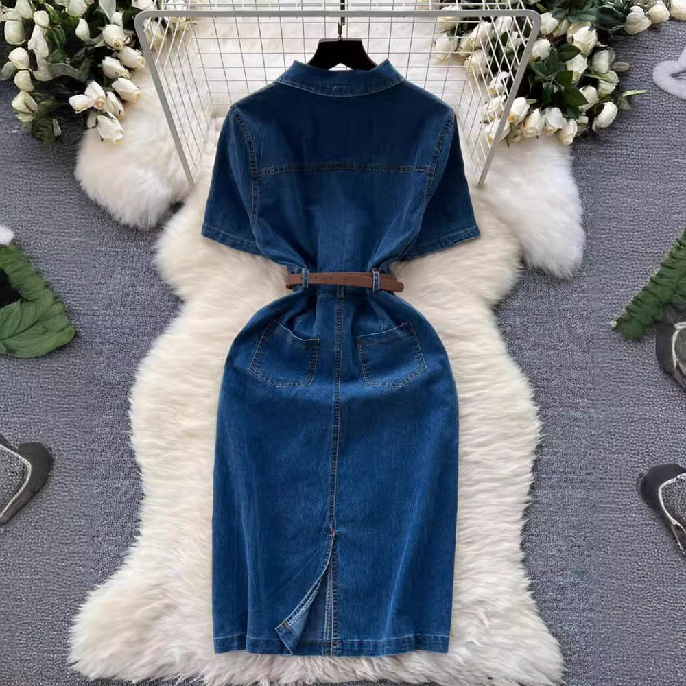 Sense of designniche style denim dress female k-stylesummercasualelegant medium longslimming look short-sleeved shirt long skirt