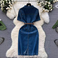Sense of designniche style denim dress female k-stylesummercasualelegant medium longslimming look short-sleeved shirt long skirt