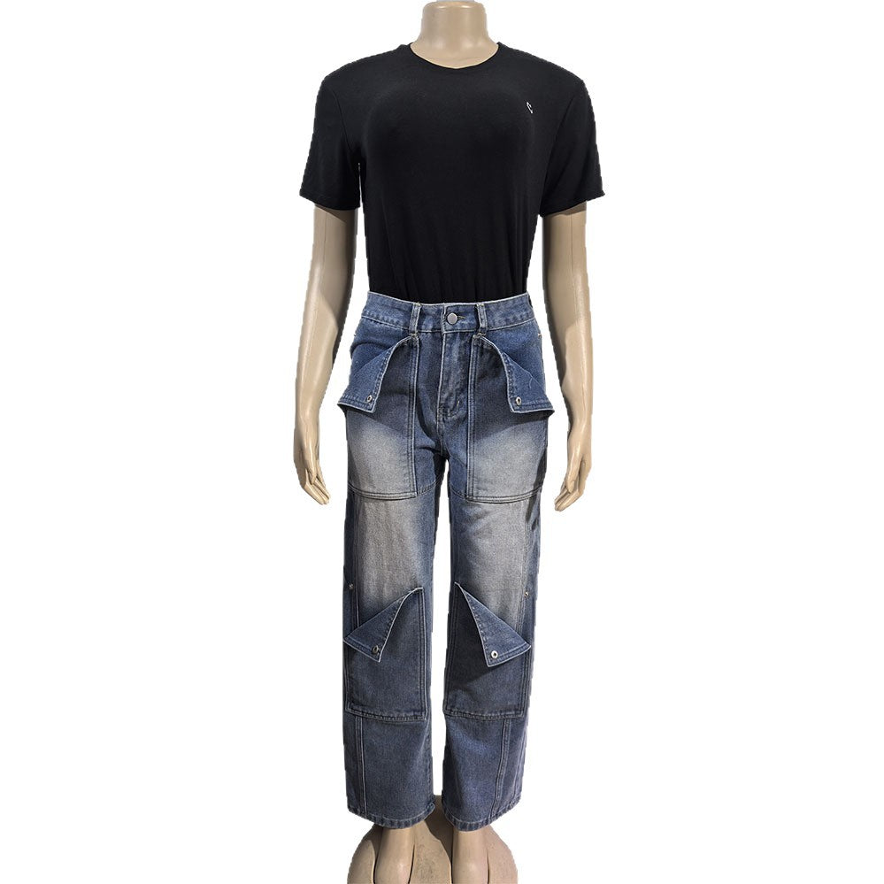 European and american style denim straight-leg pants  cross-border fall and winter women's clothing fashion washed button patch high waist pants