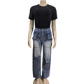 European and american style denim straight-leg pants  cross-border fall and winter women's clothing fashion washed button patch high waist pants