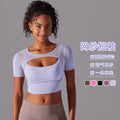 New arrival nude mesh cut out short-sleeved fake two-piece yoga top all-in-one coaster bubble wrap push-up fitness beautiful back