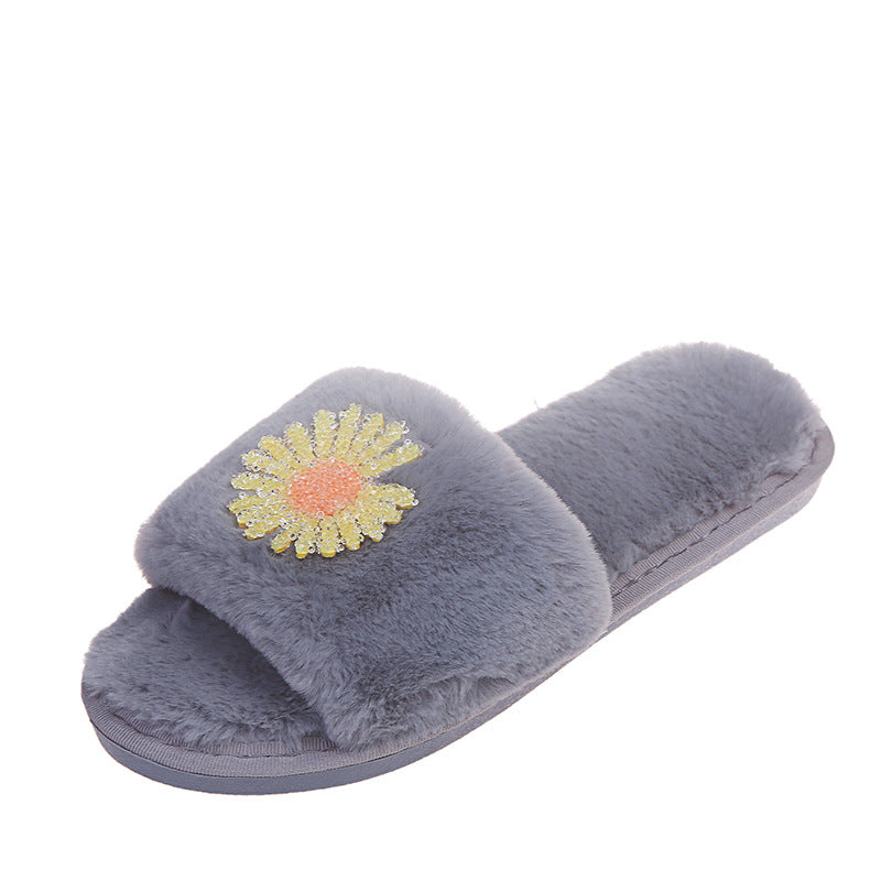 Winter japanese-style daisy print couple's slippers, indoor floor warm home shoes, postpartum care faux rabbit fur plush slippers