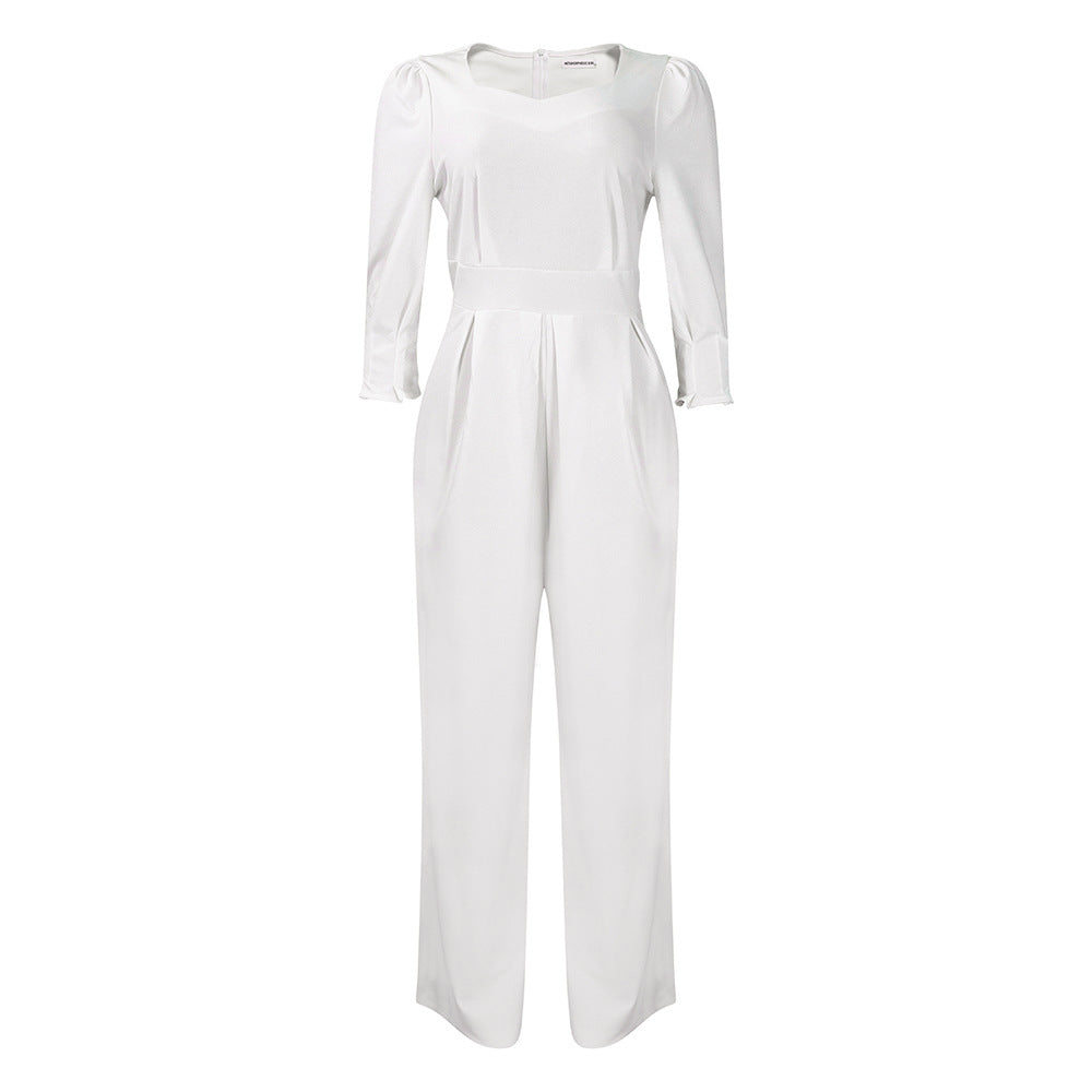 D448  independent station european and american women's clothing winter long sleeves pure color loose wide leg straight large size african jumpsuit