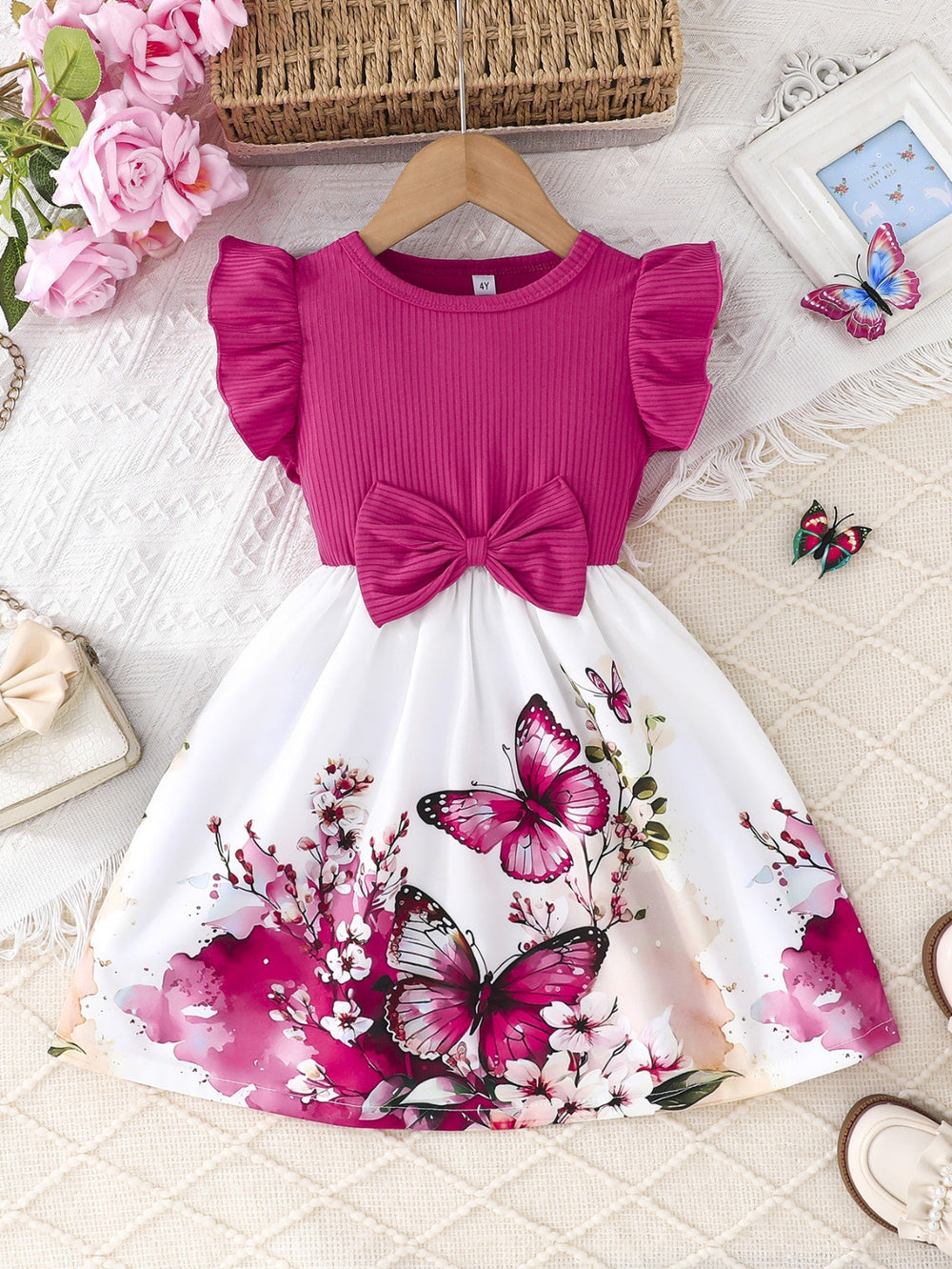 25 years of cross-border expertise – new girls' summer flutter sleeve dress: solid color top with floral print skirt