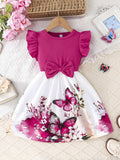25 years of cross-border expertise – new girls' summer flutter sleeve dress: solid color top with floral print skirt
