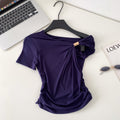 Korean style commute chic one-shoulder twist knot minimalist short sleeve t-shirt - women's summer loose fit, slimming design with ruched detail