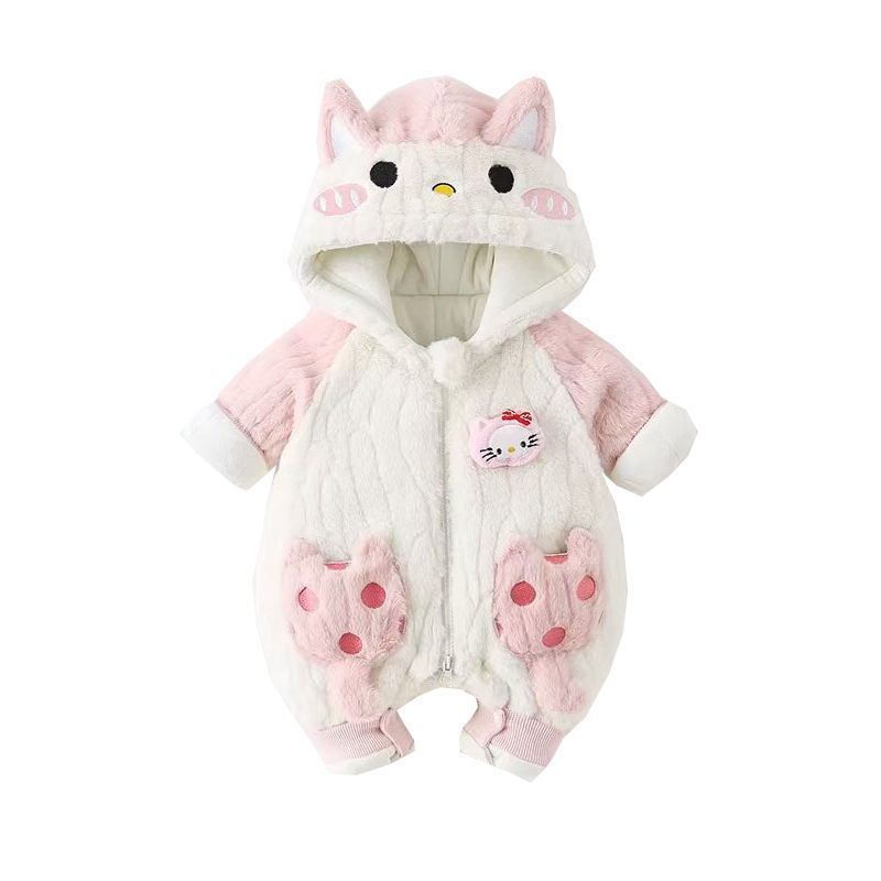 Infant winter cotton-padded romper, thickened baby girl's fleece-lined hooded jumpsuit, cute cartoon super adorable fuzzy sweater