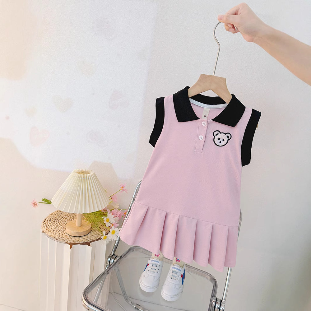 Girls' summer dress  new style: chic and sweet polo collar pleated skirt, preppy style for little girls