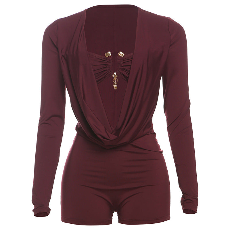 European and american style  spring/summer new arrivals: edgy streetwear sexy hot girl deep v low-cut solid color slim-fit jumpsuit
