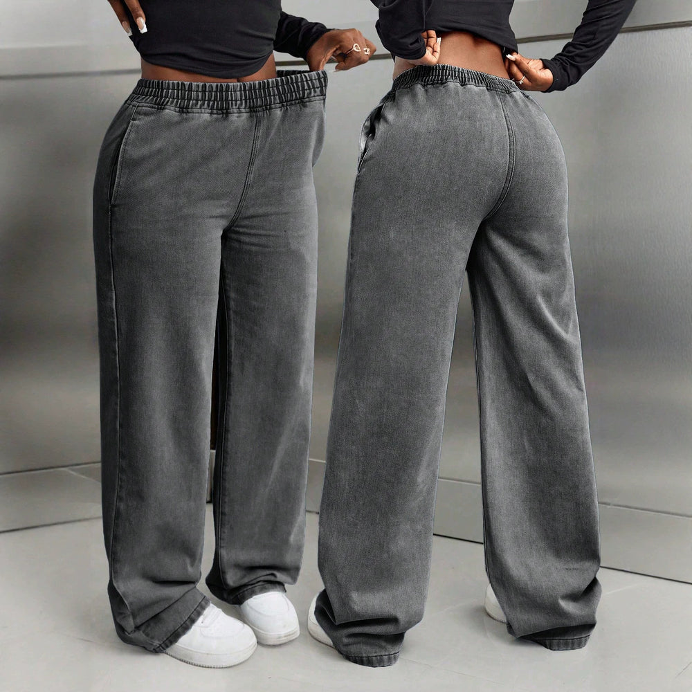 Fashionjeans women's distressed washed elastic waiststraight-legcasualjeansfashion style lazy wide leg pants