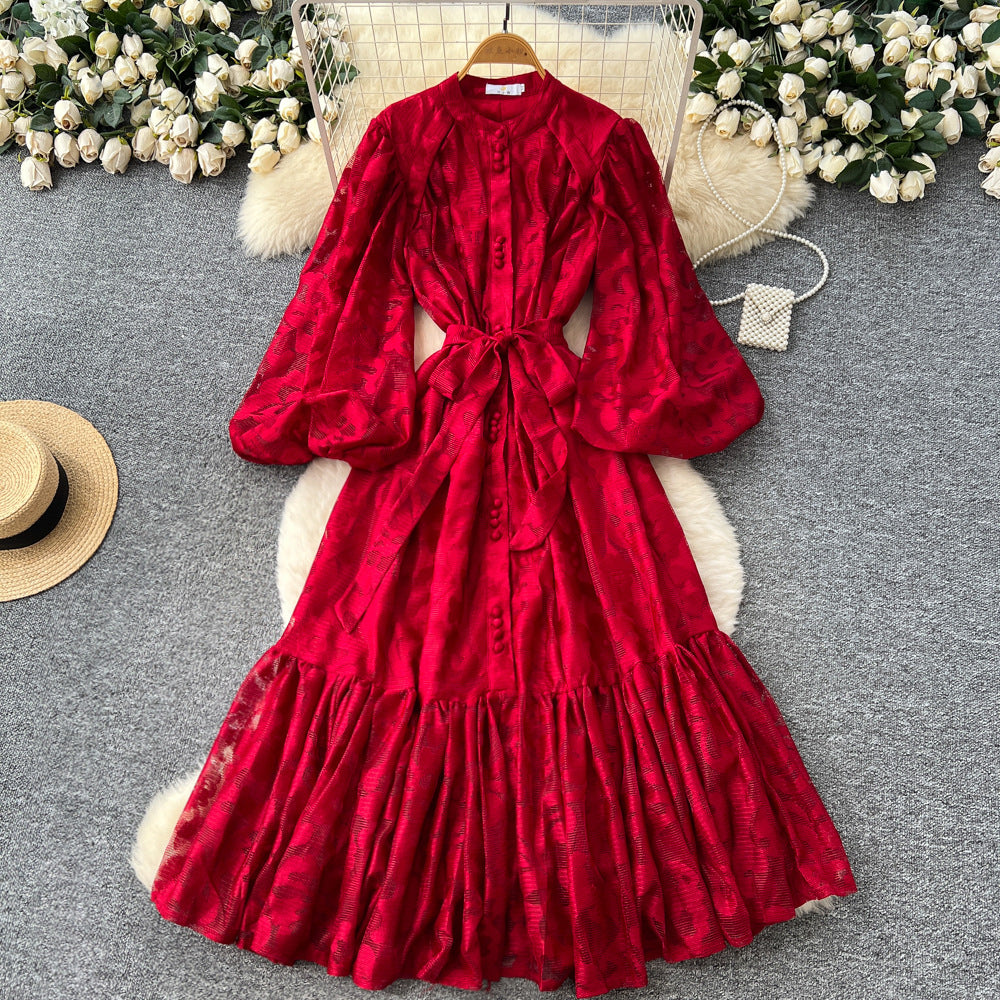 French court style dress - women's autumn collection  - new high-end design with tie waist, lantern sleeves, and lace maxi skirt