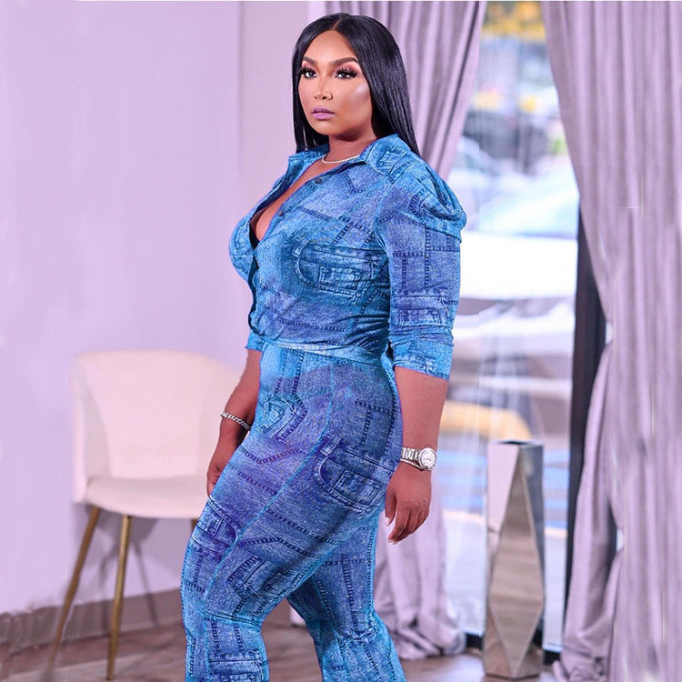 Plus size women's fashion: european & american style, cross-border , independent website, casual chic, faux denim patchwork long sleeve shirt two-piece set