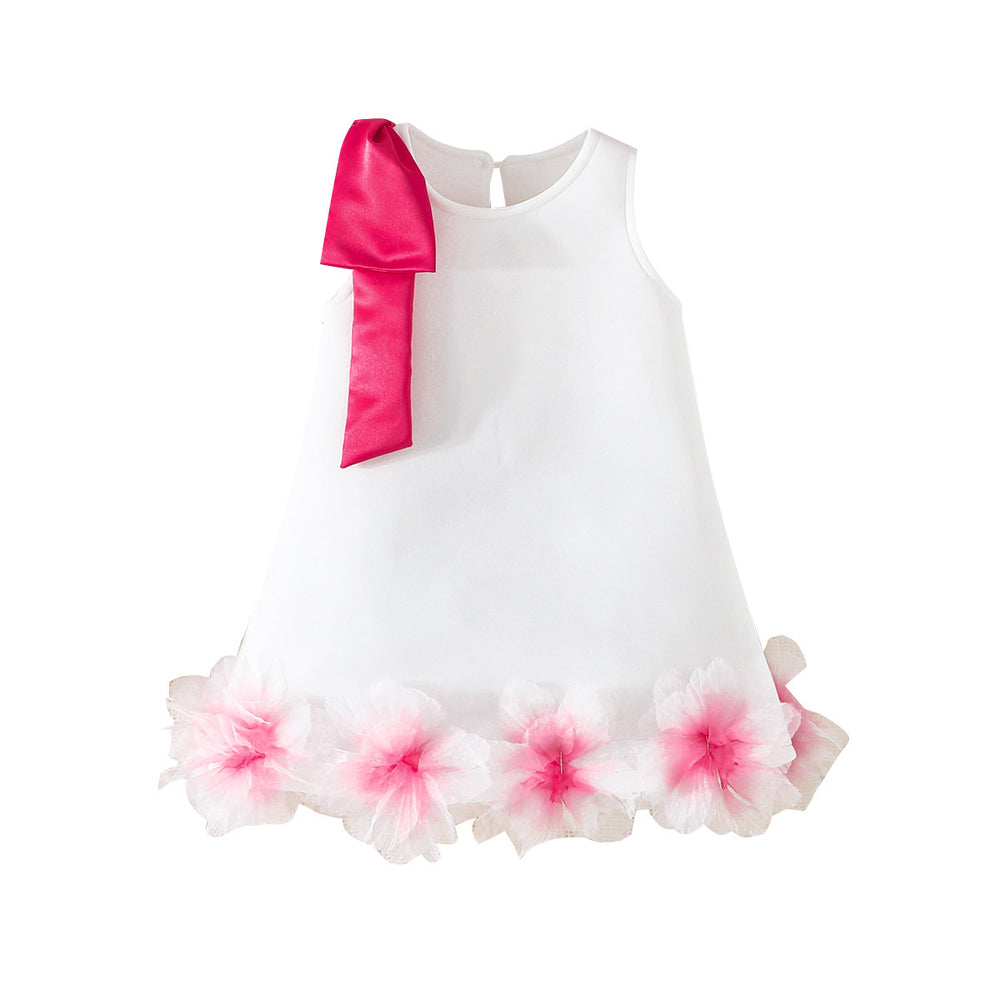 girls' solid color sleeveless party dress with 3d floral hem and bow detail