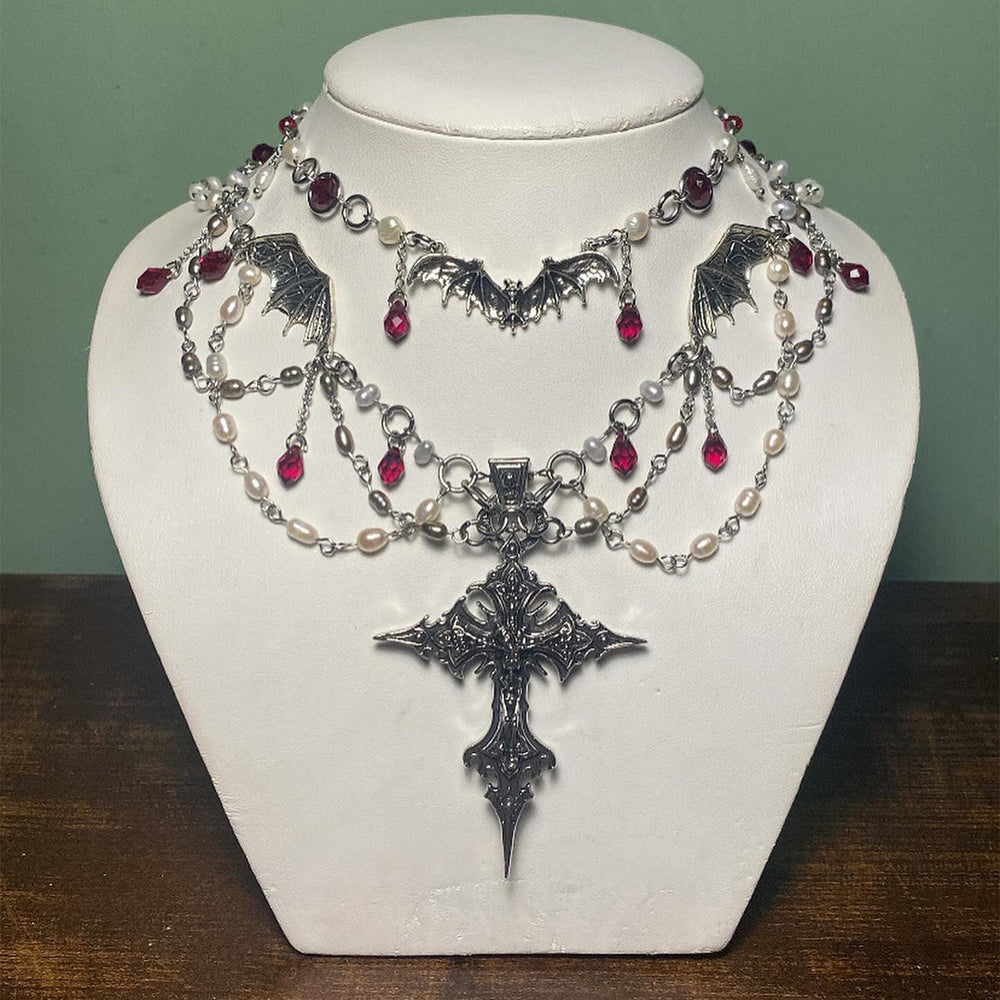 Halloween cross necklace wholesale - european & american cross-border jewelry - vintage handmade patchwork - unique & personalized skull pendant
