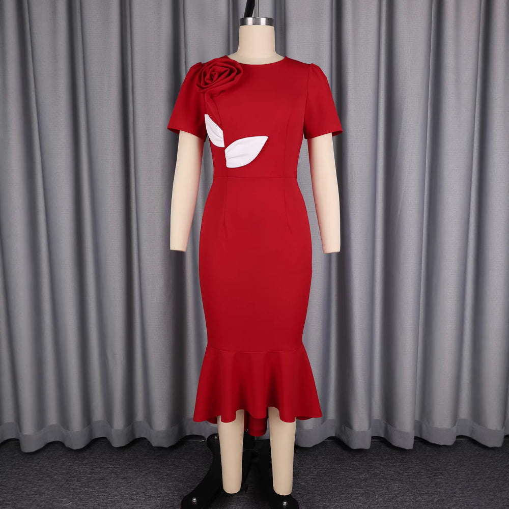 new arrival slimming high-waisted short-sleeve dress - solid color crew neck red 3d floral mermaid dress