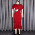 new arrival slimming high-waisted short-sleeve dress - solid color crew neck red 3d floral mermaid dress