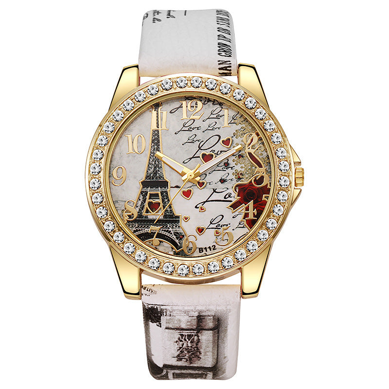 fashion snake print belt printing women's watch eiffel tower digital diamond-encrusted british watch student watch