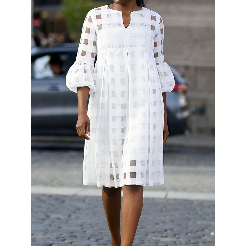 Amazon european fashion elegant plaid solid color dress women's summer new loose skirt