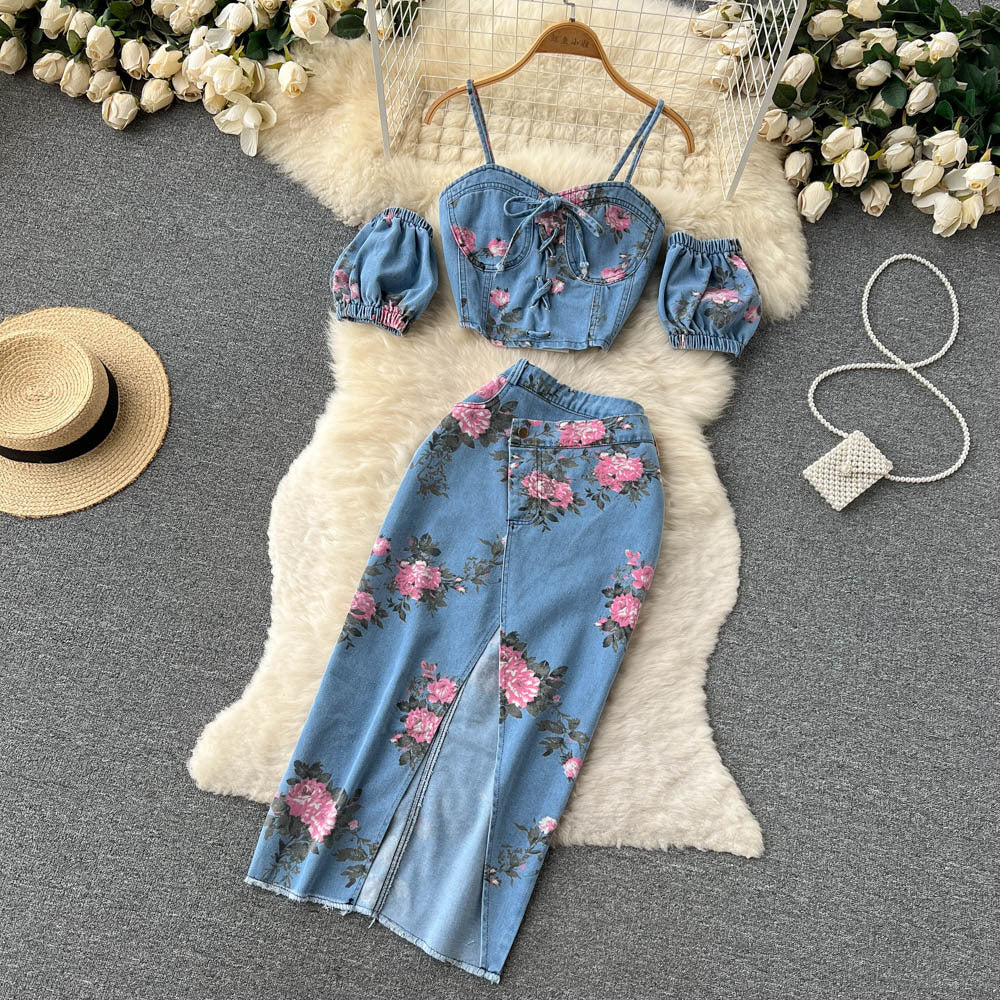 Hong kong style retrochicsuit female sweet and spicy girl off-shoulder camisole outwearhigh waist slit skirttwo-piece set