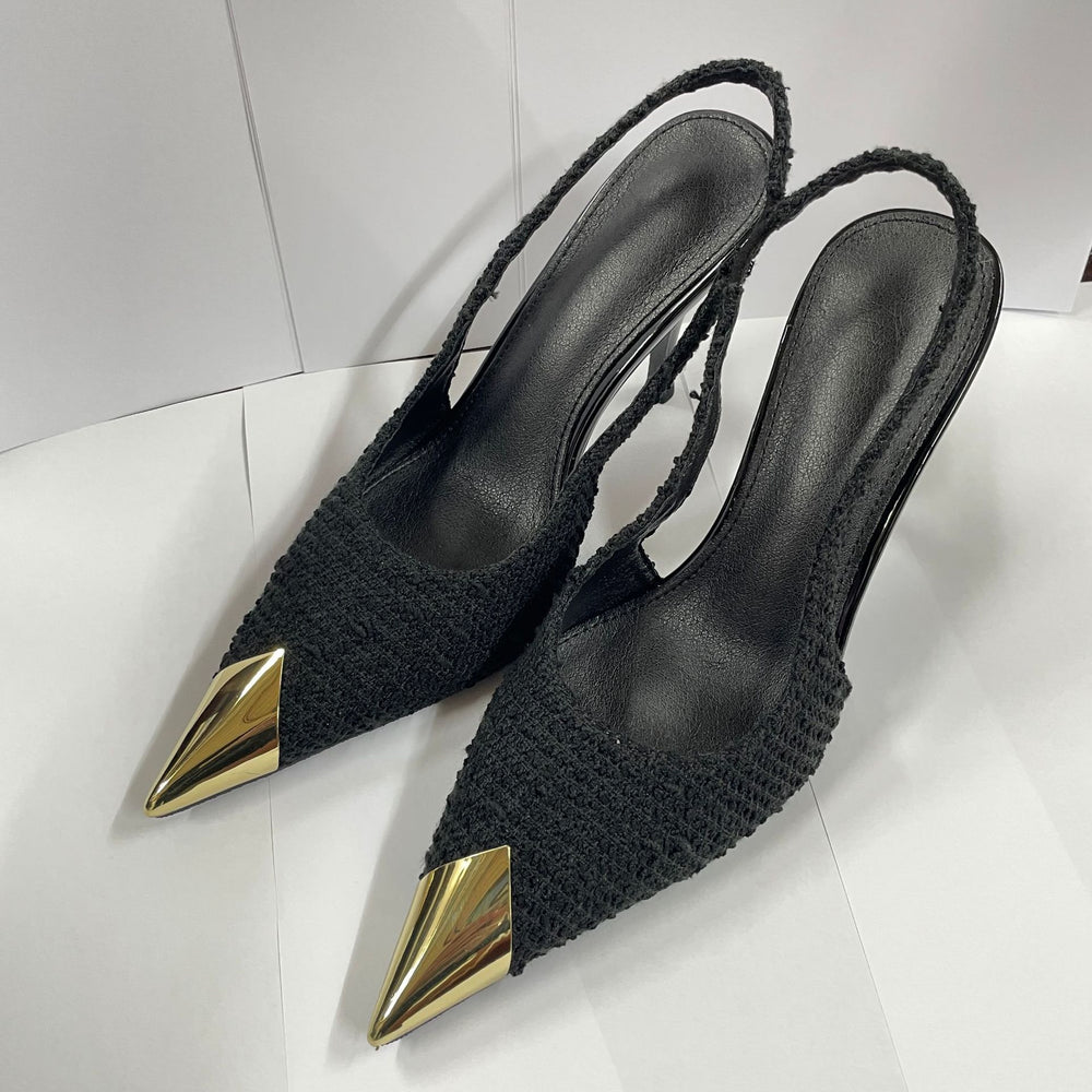 2026 women's stiletto heel rose gold metallic pointed toe pumps, spring black metal buckle strap sandals