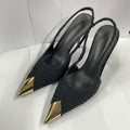 2026 women's stiletto heel rose gold metallic pointed toe pumps, spring black metal buckle strap sandals