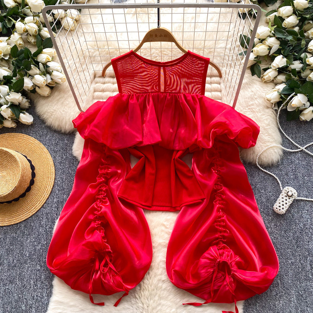 K-style off-shoulder satin gaoze puff sleeve shirt for women springsense of design pleatedtops to cover the flesheasiest for matchwork clothing