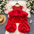 K-style off-shoulder satin gaoze puff sleeve shirt for women springsense of design pleatedtops to cover the flesheasiest for matchwork clothing