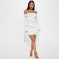 autumn new arrivals: european and american style fashionable long-sleeve flared sleeve off-the-shoulder ruffle trim ribbon tie cropped dress
