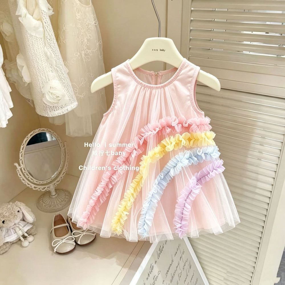 summer new girls' tulle dress - stylish baby rainbow princess sleeveless sundress