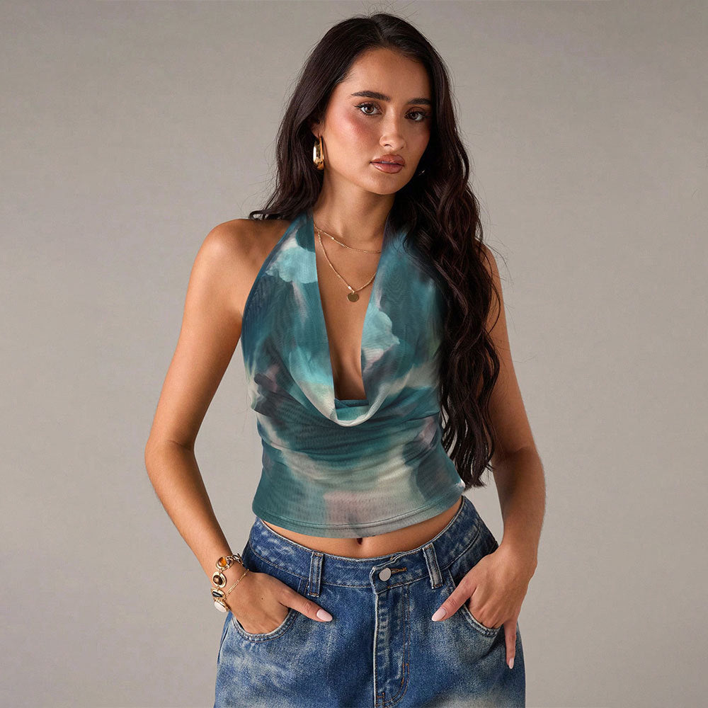 Summer women's scoop neck tie-dye print spicy girl tank top - new cross-border e-commerce style, slim-fit cropped top for